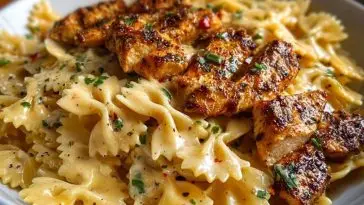 Bowtie Pasta with Creamy Cajun Chicken and Mozzarella Cheese Sauce