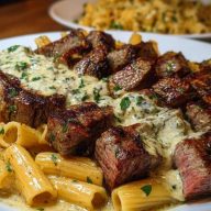 Cheesy Garlic Butter Steak with Rigatoni in Four-Cheese Sauce