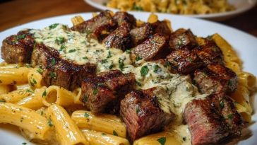 Cheesy Garlic Butter Steak with Rigatoni in Four-Cheese Sauce
