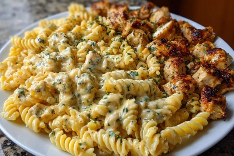 Cheesy Velveeta Chicken Twisted Pasta with Mozzarella Garlic Sauce