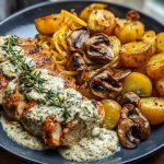 Chestnut Garlic Greek Chicken Alfredo with Sage Potatoes & Mushroom Pesto Cream