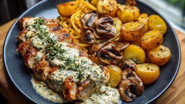 Chestnut Garlic Greek Chicken Alfredo with Sage Potatoes & Mushroom Pesto Cream