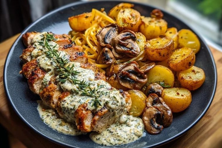 Chestnut Garlic Greek Chicken Alfredo with Sage Potatoes & Mushroom Pesto Cream