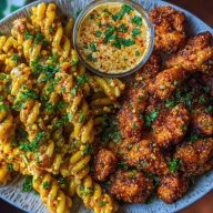 Chili Garlic Butter Chicken Bites with Creamy Cajun Corn Alfredo Twists