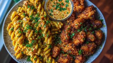 Chili Garlic Butter Chicken Bites with Creamy Cajun Corn Alfredo Twists