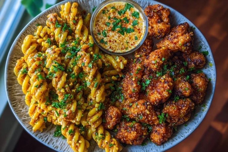 Chili Garlic Butter Chicken Bites with Creamy Cajun Corn Alfredo Twists