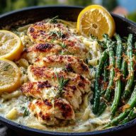 Coconut-Lemon Chicken Alfredo with Chili Feta Cream & Crispy Parmesan Green Beans