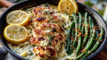 Coconut-Lemon Chicken Alfredo with Chili Feta Cream & Crispy Parmesan Green Beans