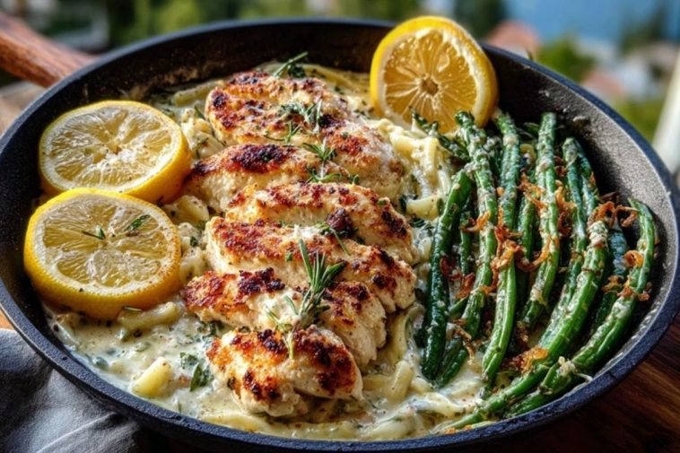 Coconut-Lemon Chicken Alfredo with Chili Feta Cream & Crispy Parmesan Green Beans