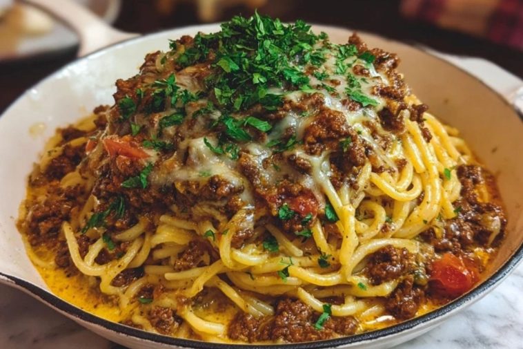 Creamy Cajun Beef Spaghetti with Three-Cheese Parmesan Sauce