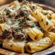 Creamy Cheesy Garlic Butter Rigatoni with Savory Beef