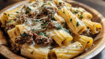 Creamy Cheesy Garlic Butter Rigatoni with Savory Beef