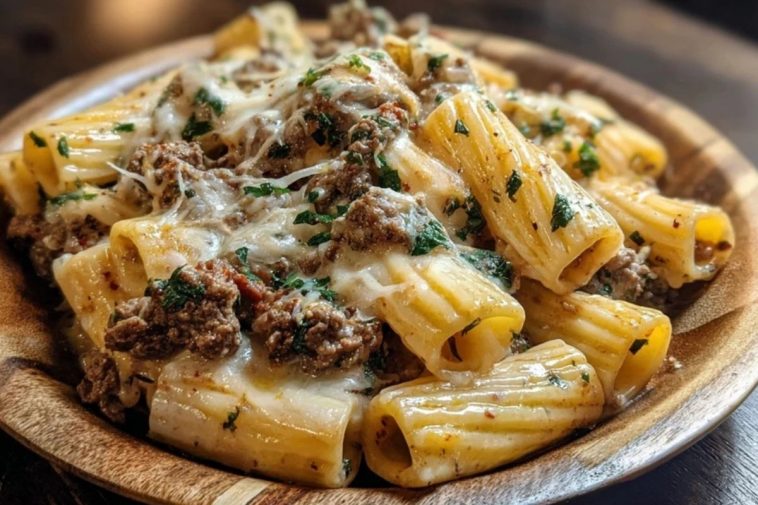 Creamy Cheesy Garlic Butter Rigatoni with Savory Beef