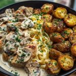 Creamy Mushroom Garlic Chicken Alfredo & Hot Honey Roasted Potatoes