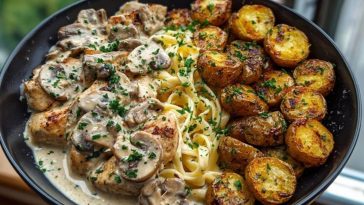 Creamy Mushroom Garlic Chicken Alfredo & Hot Honey Roasted Potatoes