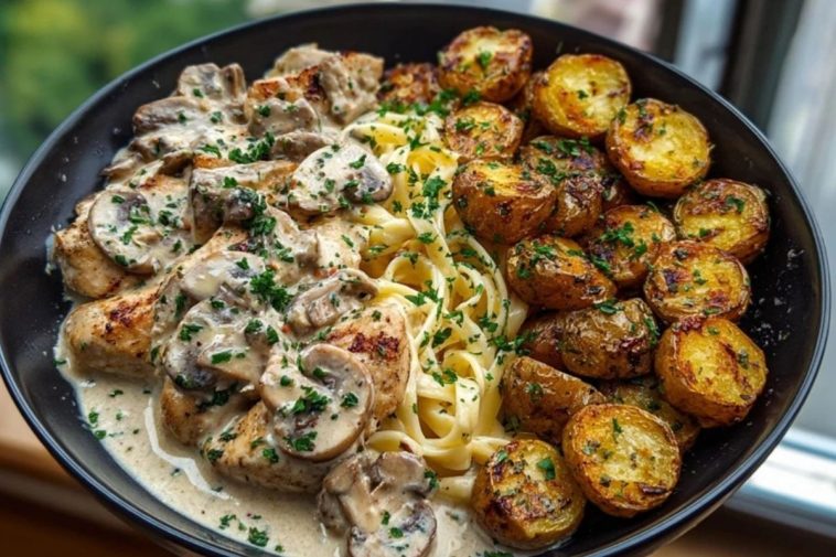 Creamy Mushroom Garlic Chicken Alfredo & Hot Honey Roasted Potatoes