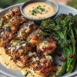 Garlic-Parmesan Chicken Bites with Sun-Dried Tomato Cajun Alfredo & Charred Broccolini