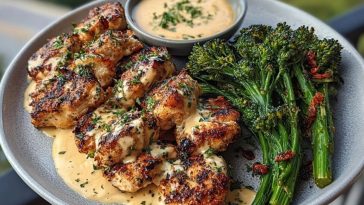 Garlic-Parmesan Chicken Bites with Sun-Dried Tomato Cajun Alfredo & Charred Broccolini