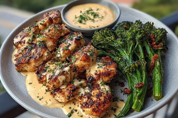 Garlic-Parmesan Chicken Bites with Sun-Dried Tomato Cajun Alfredo & Charred Broccolini
