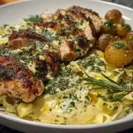 Greek Chicken Alfredo & Garlic Potatoes with Spicy Hot Honey Tahini Pesto