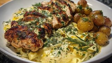 Greek Chicken Alfredo & Garlic Potatoes with Spicy Hot Honey Tahini Pesto