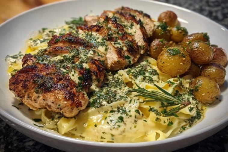 Greek Chicken Alfredo & Garlic Potatoes with Spicy Hot Honey Tahini Pesto