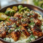 Hot Honey Balsamic Chicken Alfredo with Whipped Feta & Crispy Brussels Chips