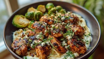 Hot Honey Balsamic Chicken Alfredo with Whipped Feta & Crispy Brussels Chips