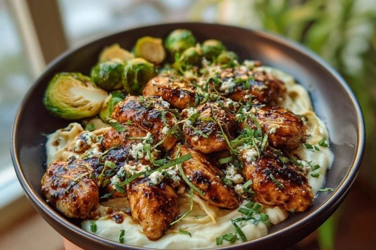 Hot Honey Balsamic Chicken Alfredo with Whipped Feta & Crispy Brussels Chips