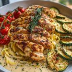 Lemon Dill Chicken Alfredo with Roasted Red Pepper Whipped Feta & Crispy Parmesan Zucchini