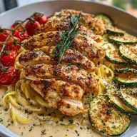 Lemon Dill Chicken Alfredo with Roasted Red Pepper Whipped Feta & Crispy Parmesan Zucchini