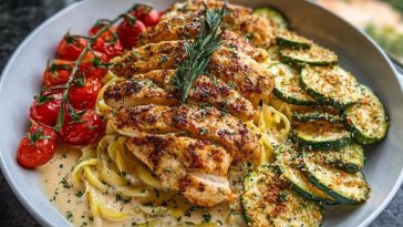 Lemon Dill Chicken Alfredo with Roasted Red Pepper Whipped Feta & Crispy Parmesan Zucchini