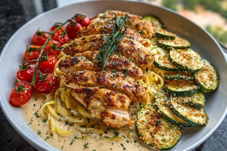 Lemon Dill Chicken Alfredo with Roasted Red Pepper Whipped Feta & Crispy Parmesan Zucchini