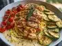Lemon Dill Chicken Alfredo with Roasted Red Pepper Whipped Feta & Crispy Parmesan Zucchini