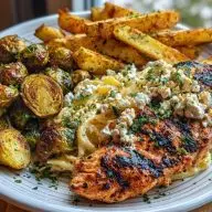 Smoked Paprika Chicken Alfredo with Feta-Tahini Cream & Crispy Brussels-Potato Combo Wedges