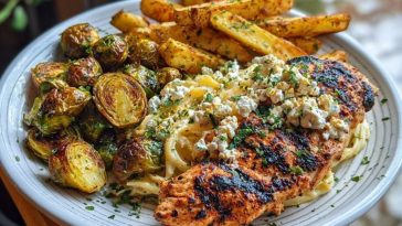 Smoked Paprika Chicken Alfredo with Feta-Tahini Cream & Crispy Brussels-Potato Combo Wedges