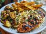 Smoked Paprika Chicken Alfredo with Feta-Tahini Cream & Crispy Brussels-Potato Combo Wedges
