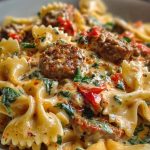Spicy Cajun Bowtie Pasta with Beef, Sausage & Creamy Garlic Sauce
