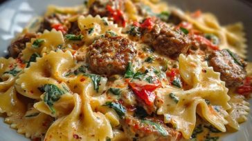 Spicy Cajun Bowtie Pasta with Beef, Sausage & Creamy Garlic Sauce