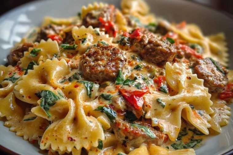 Spicy Cajun Bowtie Pasta with Beef, Sausage & Creamy Garlic Sauce