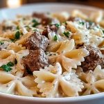 Beef and Bowtie Pasta with Alfredo Sauce