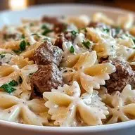 Beef and Bowtie Pasta with Alfredo Sauce