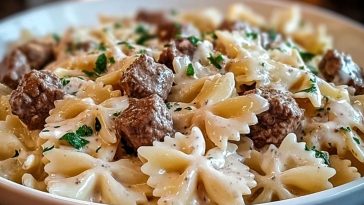 Beef and Bowtie Pasta with Alfredo Sauce