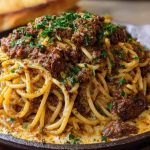 Cajun Beef Spaghetti in Creamy Three-Cheese Parmesan Sauce