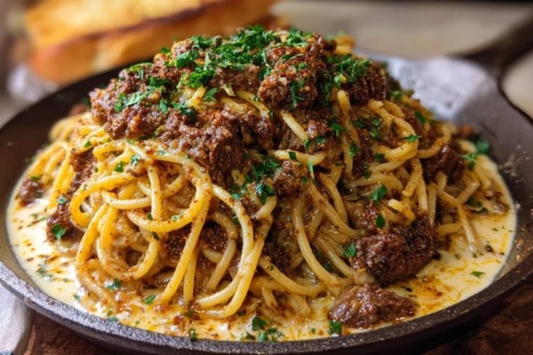 Cajun Beef Spaghetti in Creamy Three-Cheese Parmesan Sauce