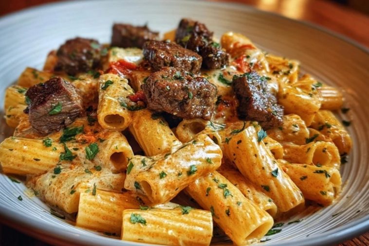 Cajun Garlic Butter Linguine with Tender Beef Strips Rigatoni