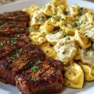 Cajun Garlic Butter Steak with Cheesy Alfredo Tortellini
