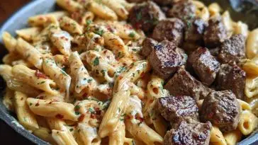 Cajun Steak Tips in Cheesy Penne Parmesan Sauce