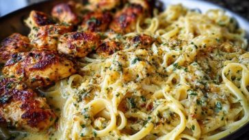 Cheesy Alfredo Linguine with Golden Garlic Butter Chicken in Creamy Sauce