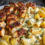 Cheesy Garlic Butter Chicken Bites with Rigatoni in Alfredo Sauce